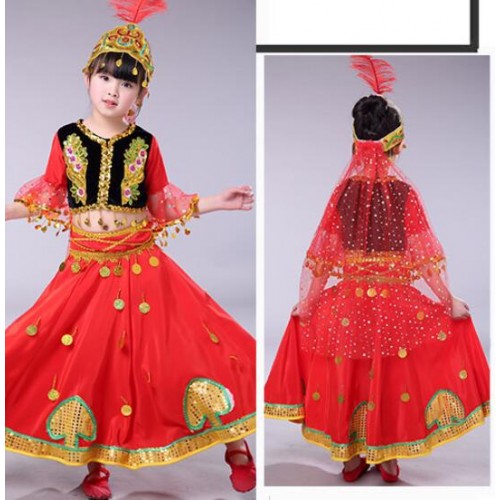 Girls red Chinese Xinjiang dance costumes kids Children minority art test practice costumes children Uyghur dance dresses for kids